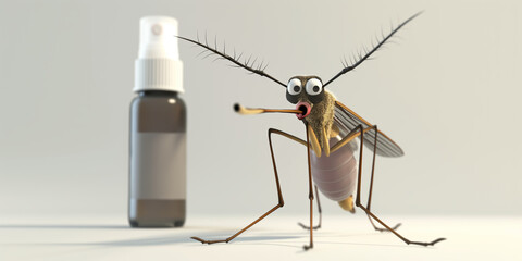 Cartoon style 3d mosquito and anti-mosquito repellent spray on a white background. Concept: bloodsucker insect and parasite sucking human blood. Problem and solution.