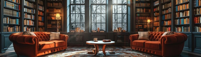Naklejka premium The library is a place of learning and quiet contemplation. Two comfortable chairs sit in front of a large window, inviting readers to curl up with a good book.