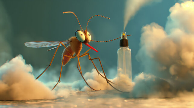 Cartoon style 3d scared mosquito and anti-mosquito spray. Mosquito in the fumes of repellent spay. Concept: bloodsucker insect and parasite sucking human blood. Problem and solution.
