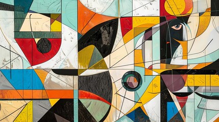 twisted cubist exploration of a colorful wall with a black bird in the foreground
