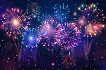 Colorful fireworks in night sky. Using pyrotechnics during festive anniversary celebrations