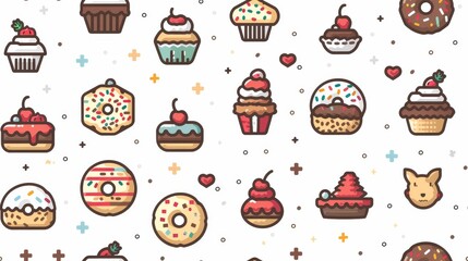 Pixel art seamless pattern of donuts, cakes, and cupcakes.