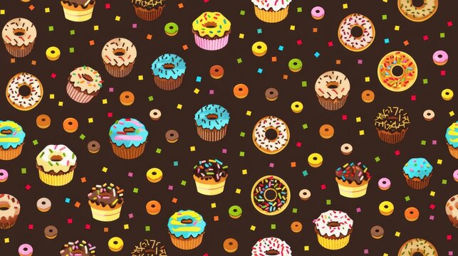 Pixel art seamless pattern of donuts, cakes, and cupcakes.