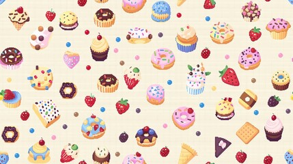 Pixel art seamless pattern of donuts, cakes, and cupcakes.