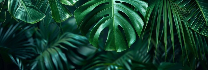 Fototapeta premium green tropical leaves in green color with background copy space