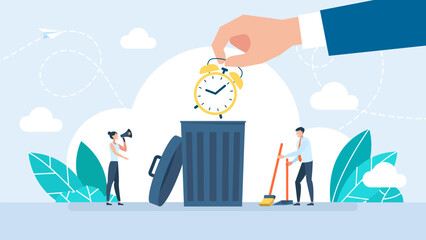 Man throws out alarm clock in trash can. Trash bin with clock, icon, recycle time, hour cleaning, waste. Flat style. Vector illustration