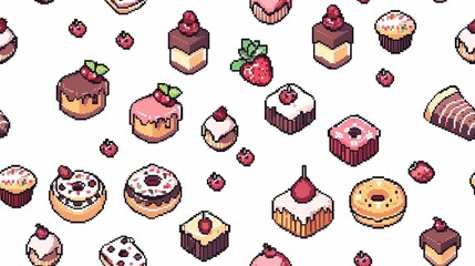 Pixel art seamless pattern of donuts, cakes, and cupcakes.