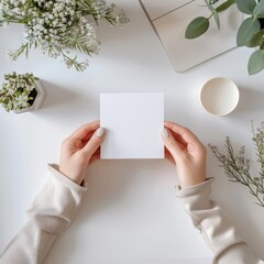 mockup of a square postcard on a woman's desk, top view