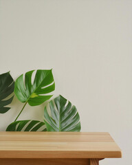 3d render. green large leaf indoor plant behind empty wood table with plain white wall. blank space for product display. ai generative