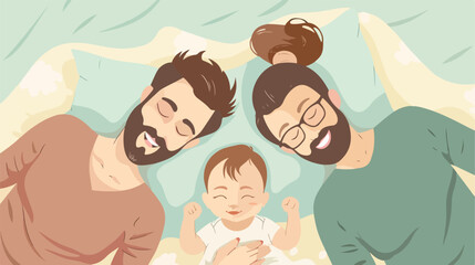Cute baby with parents lying on bed top view Vector styl