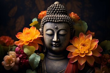Tranquil buddha statue surrounded by vibrant flowers symbolizing peace and spirituality