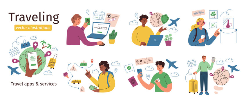 Traveling vector compositions, tourists planning trip, buying tickets, booking hotel, set of characters using travel apps, cartoon scenes with travelers, illustrations of vacation situations