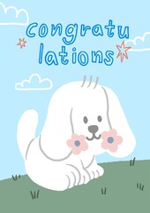 cute white dog on grass illustration card, congratulations card.