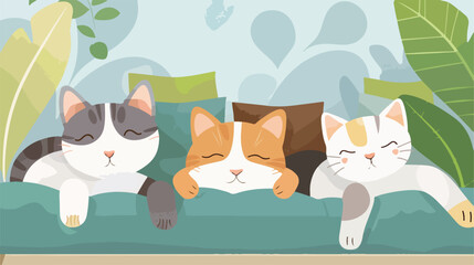 Cute cats lying on soft pillows at home Vector styl