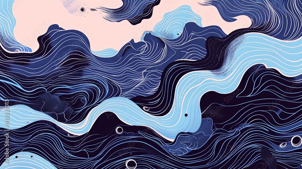 Poster abstract forms in wave patterns on a blue background