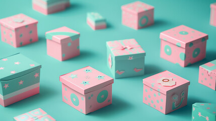 A collection of small packing boxes adorned with playful pink and aqua illustrations, set against a refreshing aqua background, promising a fun unboxing experience
