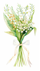 Fototapeta premium Aesthetic watercolor flowers lily of the valley bouquet tied with ribbon, wedding concept. Invitation. Generative AI