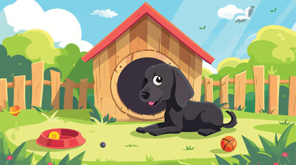 Cute dog near the wooden doghouse. Illustration o