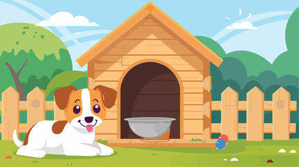 Cute dog near the wooden doghouse. Illustration o