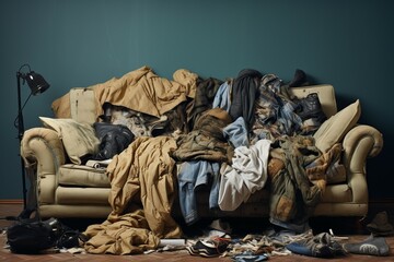 Overstuffed sofa buried under heaps of various garments in a cluttered room