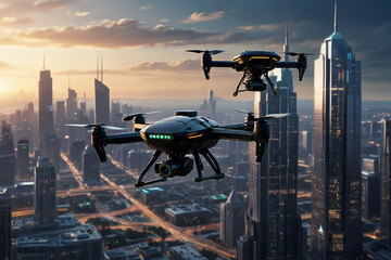 robotic police drones soar above the skyline of a futuristic city