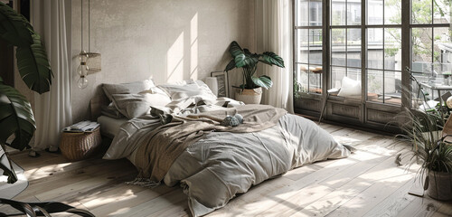 Scandinavian loft bedroom with a focus on eco-friendly design, including recycled materials and natural fibers.