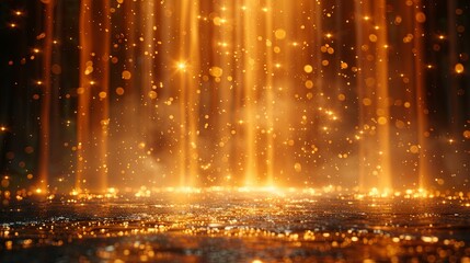 Golden Stage Spotlights with Sparkling Particles, Perfect for Elegant Awards and Glamorous Events