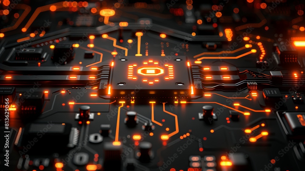 Poster high-tech electronic circuit board with glowing red lights and advanced chip technology