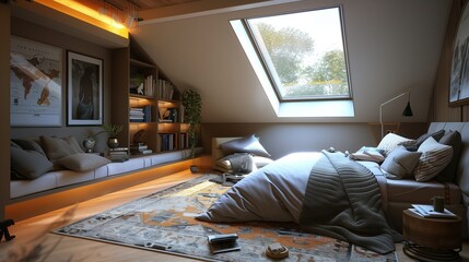 A bedroom with a stunning skylight, a cozy reading nook, and a contemporary area rug