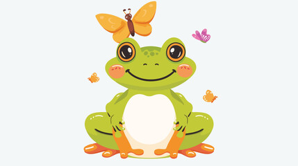 Fototapeta premium Cute frog with butterfly on head. Funny happy kawaii