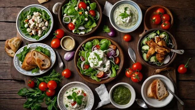 Different Greek food in plates healthy menu

