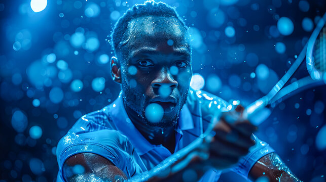 Determined athlete in intense tennis match