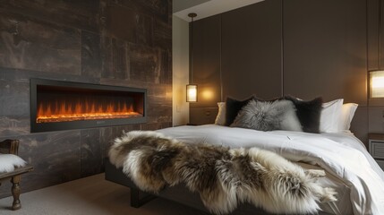 A bedroom with a stunning, wall-mounted electric fireplace, a contemporary bed, and a plush, fur accent