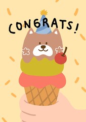cute ice-cream dog and cherry on congratulations card, illustration card
