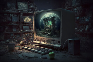 Old broken computer. Future catastrophe concept.