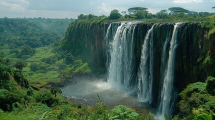 Majestic Waterfall in Lush Green African Landscape: Scenic View with Cascading Waters