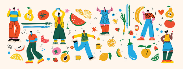 Set of Male and Female Characters with Healthy Food. People with Fruits and Vegetables Source of Energy and Health, Vegetarian Diet Isolated on White Background.