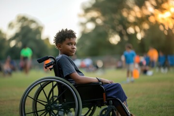 child in a wheelchair at summer camp. generative ai