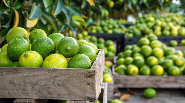 ripe juicy green limes in boxes on the plantation. harvesting limes