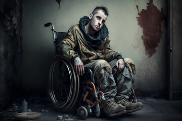 A person with disability in dimly lit space. Veteran soldier.