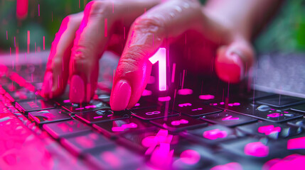 Cyber touch, neon binary numbers on nature backdrop