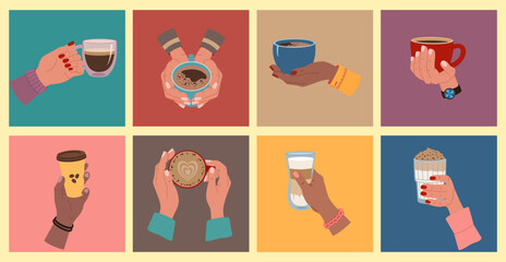 coffee, cup, hand, drink, hot, glass, morning, woman, break, vector, espresso, set, hold, tea, take, illustration, breakfast, mug, away, beverage, plastic, chocolate, caffeine, flat, latte, bowl, cart