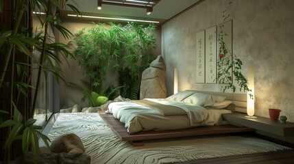 A tranquil bedroom with a Zen-inspired design, bamboo plants, and natural stone accents