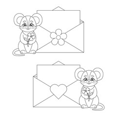 Mouse with flower and envelope. Set of greeting cards for coloring.