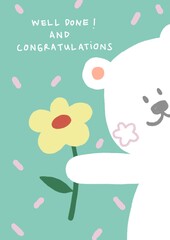 cute teddy bear with flower on congratulations card, illustration card