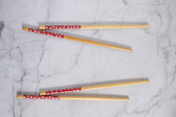 Various Pair Chopstick on white Background, Top View