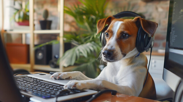 A cute funny working at a laptop. At the table sits a dog as a programmer or businessman. dog with headphones sitting in front of the computer
