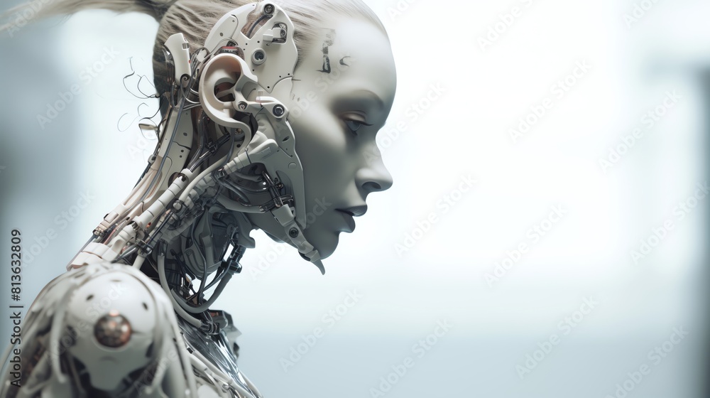 Poster a futuristic robot with intricate details and a humanoid appearance, showcasing advanced technology 