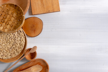 Various Bamboo and Rattan Plate, Isolated on White. Asian Traditional Dish for Food Serving. Top View, Flat Lay. Copy space for Text.