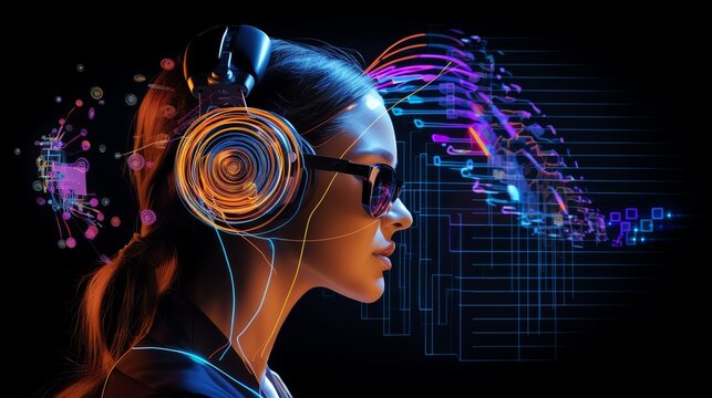 BrainComputer Interfaces BCIs demonstrated with a user controlling digital objects via a neural headset top view showing mindmachine synchronization  cybernetic tone Tetradic color